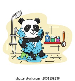 Cartoon illustration of a cute panda taking a bath