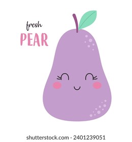 cartoon illustration of cute pear, neutral poster of funny fruit, simple print