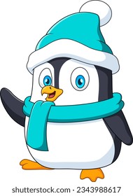 Cartoon illustration of cute penguin mascot in winter hat and scarf