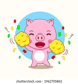 Cartoon illustration of Cute pig character as cheerleader