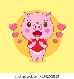 Cartoon illustration of Cute pig character holding love