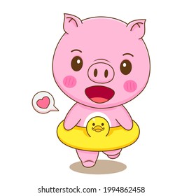 Cartoon illustration of cute pig with swim ring duck. Summer concept isolated white background