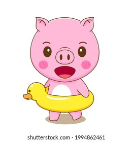 Cartoon illustration of cute pig with swim ring duck. Summer concept isolated white background