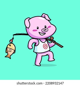 Cartoon illustration of cute pig walking happily after fishing