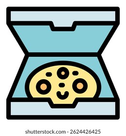 Cartoon illustration of a cute pizza with a smiling face, resting inside an open pizza box, ready to be enjoyed
