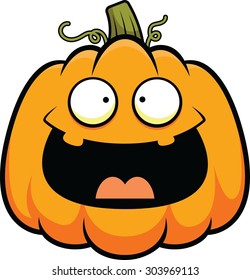 Cartoon illustration of a cute pumpkin with a happy expression. 