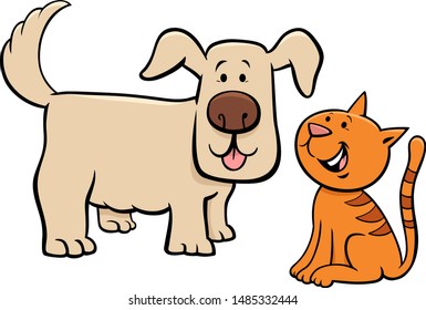 Cartoon Illustration of Cute Puppy and Happy Little Kitten Pet Animal Characters