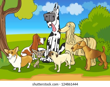 Cartoon Illustration of Cute Purebred Dogs or Puppies Group against Rural Scene with Blue Sky