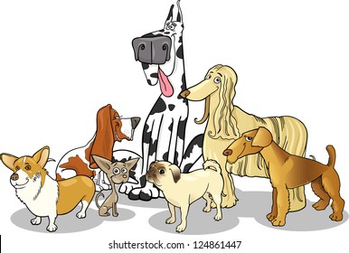 Cartoon Illustration of Cute Purebred Dogs or Puppies Group