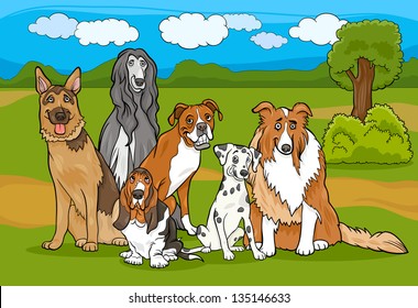 Cartoon Illustration of Cute Purebred Dogs or Puppies Group against Rural Landscape or Park Scene