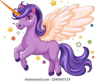 A cartoon illustration of a cute purple unicorn surrounded by stars