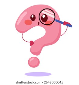 Ilustração de desenho animado de um personagem bonito ponto de interrogação segurando uma lupa. Desenho para pesquisa, curiosidade, resolução de problemas ou conceitos educacionais
