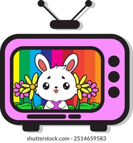 Cartoon illustration of cute rabbits and television, eps 10, editable.
