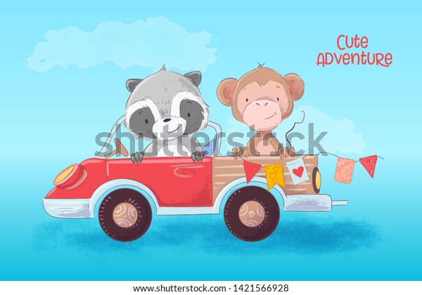 Cartoon illustration of a cute raccoon and\
monkey on a truck. Vector\
illustration