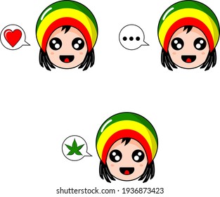 caricatura ilustrativa de adorables rastas dreadlocks face con chats burbujas de amor y marihuana