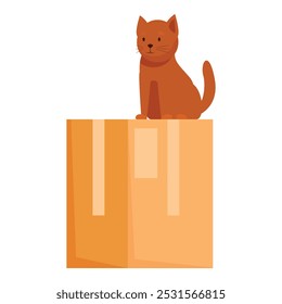 Cartoon illustration of a cute red cat sitting on a big cardboard box