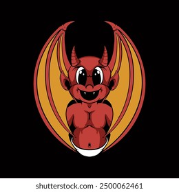 Ilustración de dibujos animados de un lindo bebé diablo rojo sonriendo y mostrando sus alas