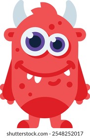 Cartoon illustration of a cute red monster with horns, big purple eyes, smiling and showing teeth, ideal for children s products or halloween projects