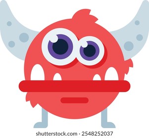 Cartoon illustration of a cute red monster with horns, big purple eyes, sharp teeth, and small legs, standing against a white background