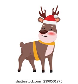 Cartoon illustration of a cute reindeer wearing a Santa Claus hat isolated
