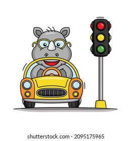 Cartoon illustration of a cute rhino driving a car