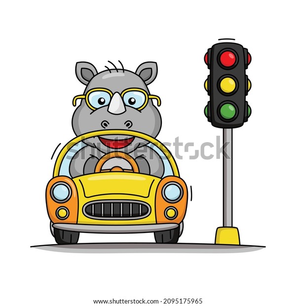 Cartoon
illustration of a cute rhino driving a
car