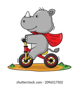 Cartoon illustration of a cute rhino riding a bicycle