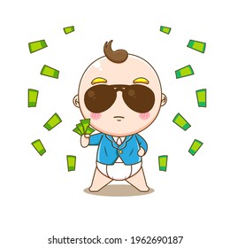 Cartoon Illustration Of Cute Rich Baby With Glasses Holding Money