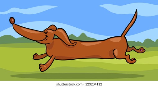 Cartoon Illustration of Cute Running Dachshund Dog against Rural Scene with Green Fields and Blue Sky