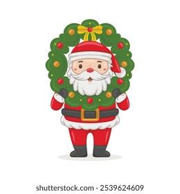 Cartoon illustration cute Santa Claus character with Christmas wreath. Christmas winter holiday design element