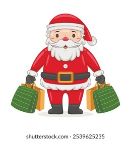 Cartoon illustration cute Santa Claus character holding shopping bags. Christmas winter holiday design element