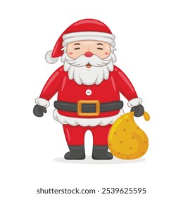 Cartoon illustration cute Santa Claus character with a sack of gifts. Christmas winter holiday design element