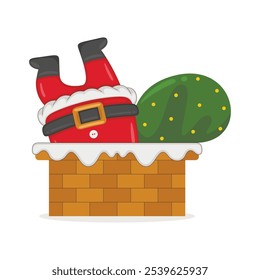 Cartoon illustration cute Santa Claus character down the chimney carrying a bag of gifts. Christmas winter holiday design element