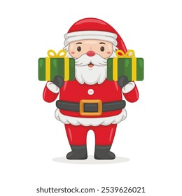 Cartoon illustration cute Santa Claus character holding gifts. Christmas winter holiday design element