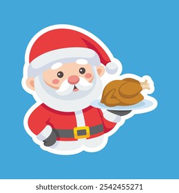 Cartoon illustration of cute Santa Claus character holding a roasted turkey. Christmas winter holiday design element