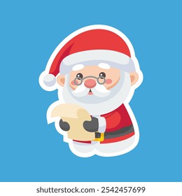 Cartoon illustration of cute Santa Claus character looking at a list of notes. Christmas winter holiday design element