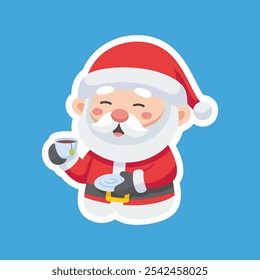 Cartoon illustration of cute Santa Claus character drinking hot tea. Christmas winter holiday design element