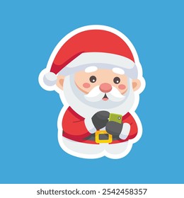 Cartoon illustration of cute Santa Claus character using a smartphone. Christmas winter holiday design element