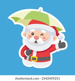 Cartoon illustration of cute Santa Claus character holding an umbrella. Christmas winter holiday design element