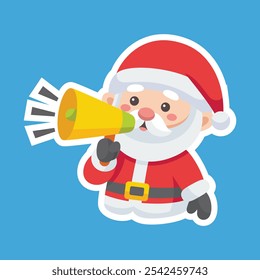 Cartoon illustration of cute Santa Claus character shouting through a megaphone. Christmas winter holiday design element