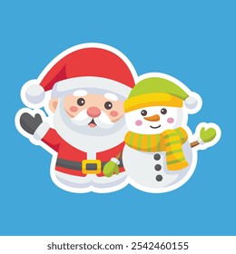 Cartoon illustration of cute Santa Claus character with a snowman. Christmas winter holiday design element