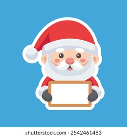 Cartoon illustration of cute Santa Claus character holding blank sign. Christmas winter holiday design element