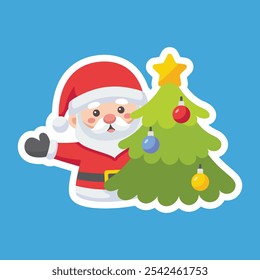 Cartoon illustration of cute Santa Claus character decorating Christmas tree. Christmas winter holiday design element