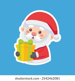 Cartoon illustration of cute Santa Claus character holding a Christmas gift. Christmas winter holiday design element