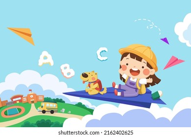 Cartoon illustration of a cute schoolgirl with her pet puppy riding on a paper plane to the school on blue background. Design for back to school