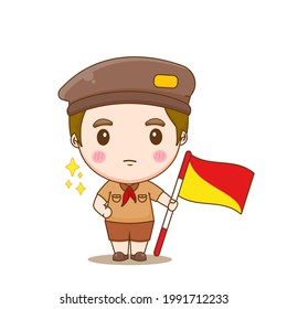 Cartoon Illustration of cute scout boy holding group flag
