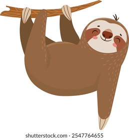 Cartoon illustration of a cute sloth hanging upside down from a tree branch, smiling and enjoying a peaceful moment in nature