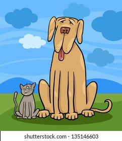 Cartoon Illustration of Cute Small Cat and Funny Big Dog or Great Dane in Friendship and Rural Scene