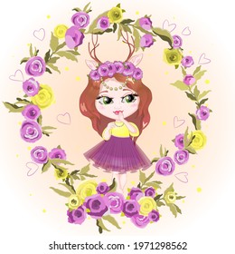 Cartoon illustration of a cute smiling girl in a wreath of flowers standing in a meadow of flowers. Beautiful child with a decoration of roses, fashionable girl in a summer dress