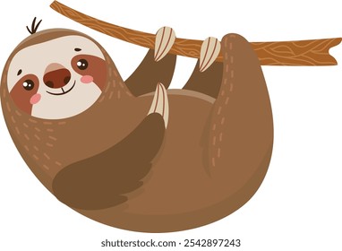 Cartoon illustration of a cute smiling sloth hanging upside down from a tree branch, enjoying its peaceful existence in nature